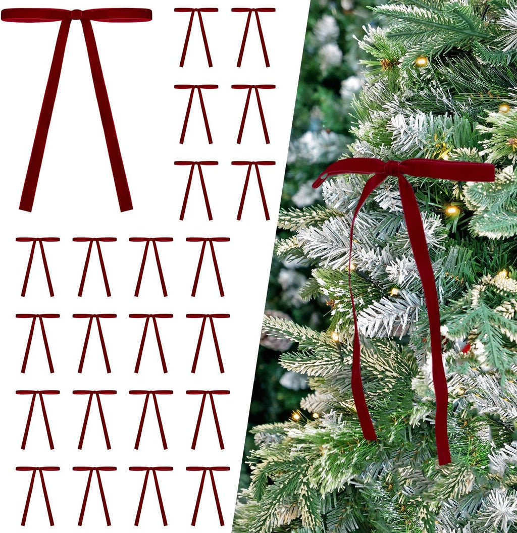 24 Pcs Burgundy/Wine Dark Red Velvet Bows Ornaments for Christmas Tree, Vintage Velvet Christmas Bows Tree Decorations, Indoor Home Decor for Wreath Mantle Gift Wrap Holiday Decor, 3/8'' W, 5 * 7 inch