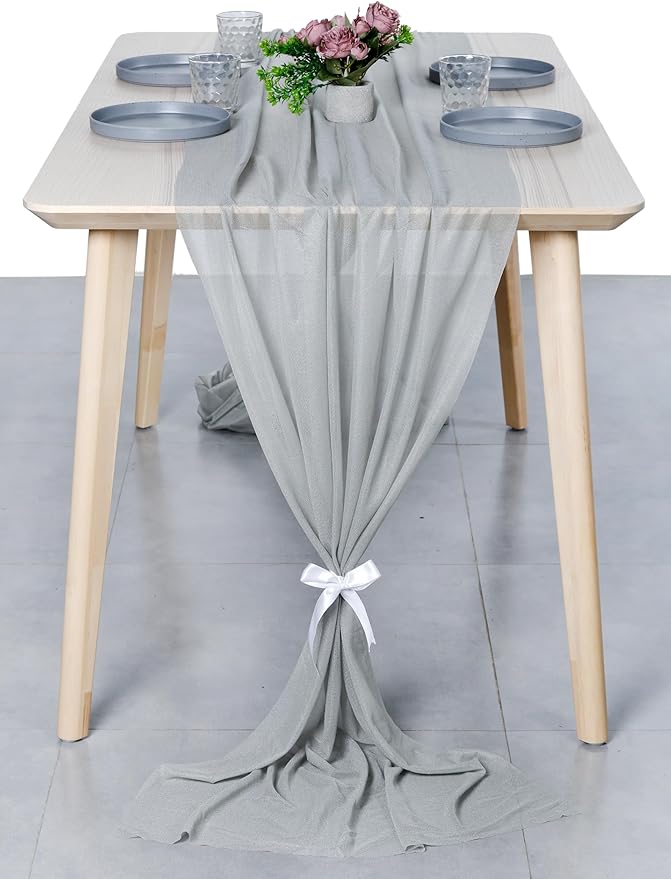 MDS 2 Pack 10ft Chiffon Table Runner 29 x 120 Inches Sheer Wedding Runner Romantic Rustic Table Runner for Wedding Decorations, Birthday Parties, Bridal Shower Party Arch Decor - Gray