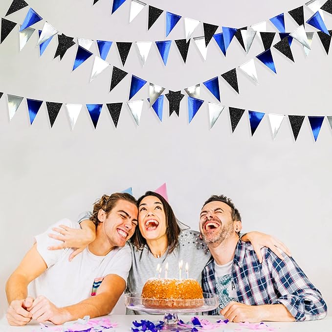 30Ft Navy Blue Black and Silver Party Decorations Royal Blue Triangle Flag Pennant Banner Bunting for Graduation Birthday Wedding Bridal Shower Nautical Ahoy Achor Theme Party Decorations Supplies
