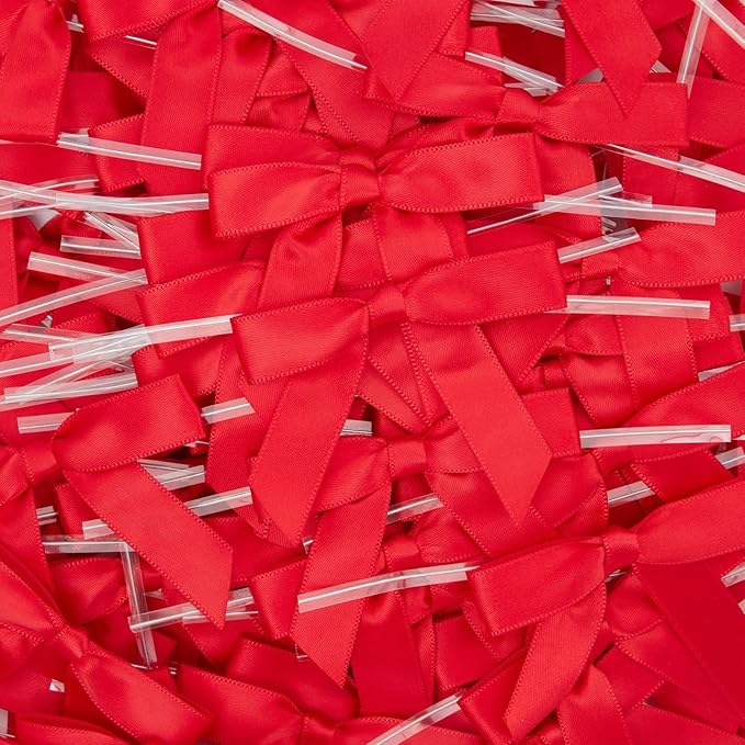 Juvale Twist Tie Gift Bows - 100 Pack, 2.5 x 3 in, Red - Pre-Tied Satin Ribbon - Mini Bows for Crafts, Gift Wrapping & Cake Decoration