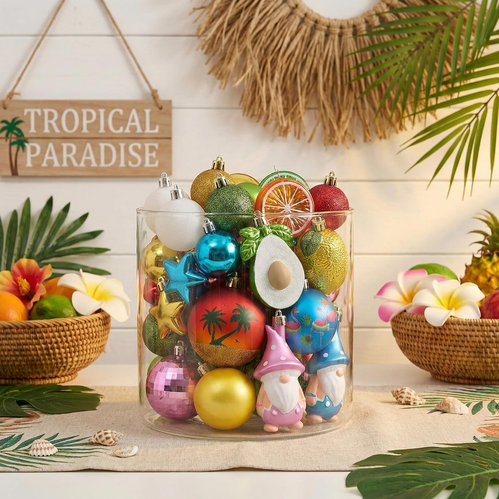 Valery Madelyn 30ct Summer Tree Ornaments Christmas in July Decorations | Coastal Beach Ocean Theme Set with Flamingo Gnome Avocado Lemon & Palm Tree Shatterproof Balls for Hawaiian Tropical Party