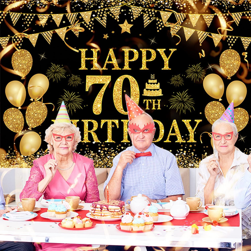 70th Birthday Decorations Happy 70th Birthday Banner for Men Women Black Gold 70 Years Birthday Party Decorations Background for Home Birthday Decor(71 x 45 inch)
