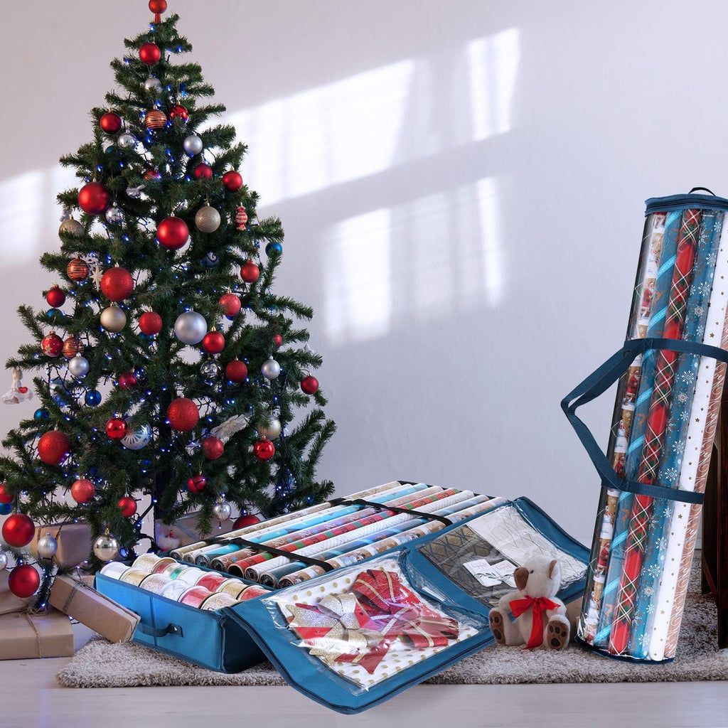 Hearth & Harbor Wrapping Paper Storage Container and Clear Wrap Paper Holder - Christmas Storage Bag with Interior Pockets - Fits Up to 36 Rolls of 40" - Tear Proof, Blue