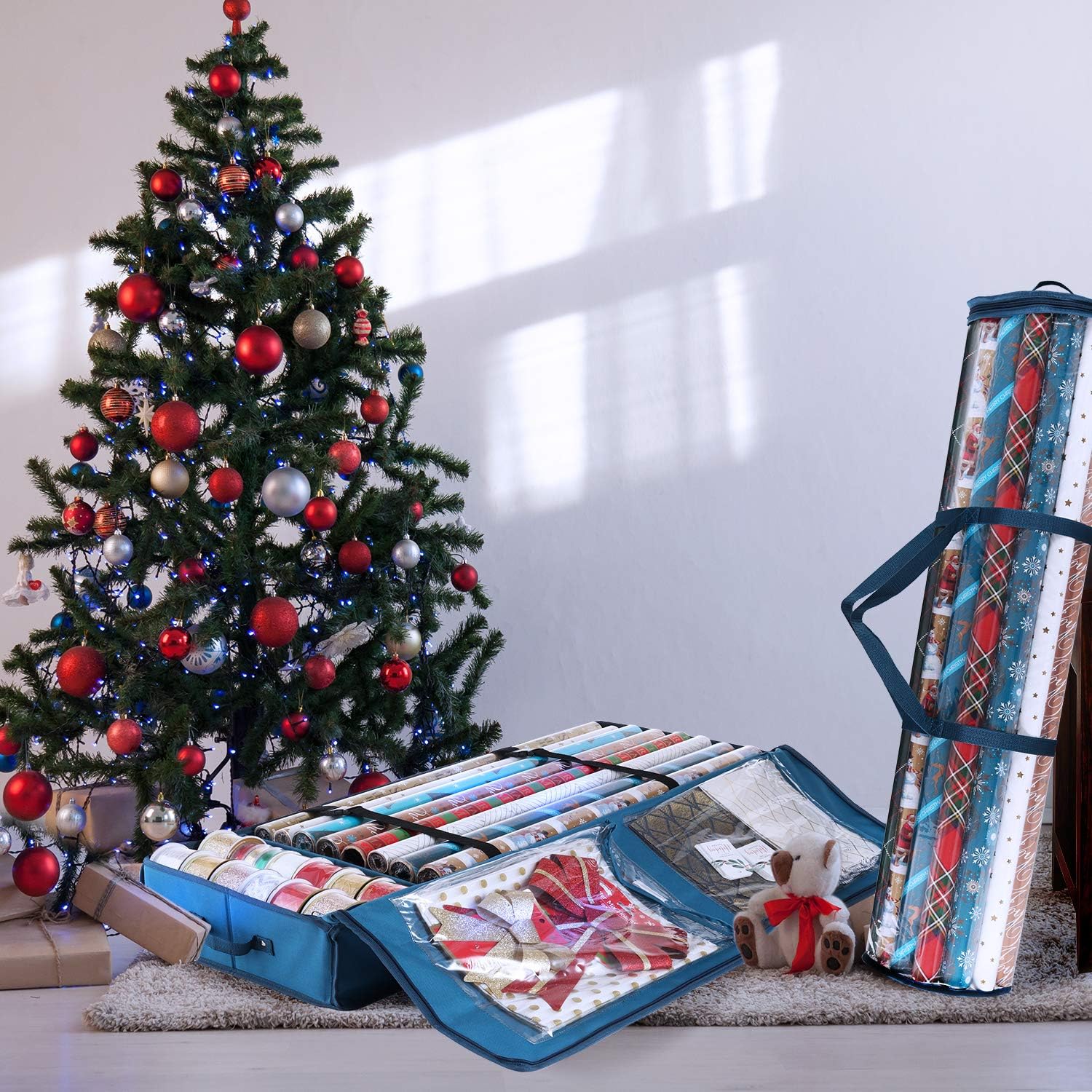 Hearth & Harbor Wrapping Paper Storage Container and Clear Wrap Paper Holder - Christmas Storage Bag with Interior Pockets - Fits Up to 36 Rolls of 40" - Tear Proof, Blue