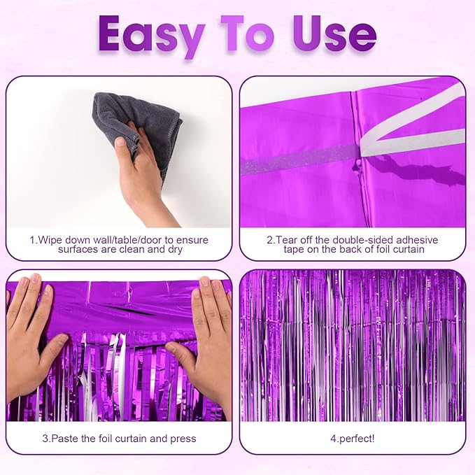 4 Pack Purple Foil Fringe Backdrop Curtains, Tinsel Streamers Birthday Party Decorations, Fringe Backdrop for Graduation, Baby Shower, Gender Reveal, Disco Party