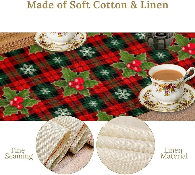 Christmas Table Runner, Red Check Plaid Winter Xmas Holiday Table Cloth Kitchen Dining Table Decoration for Home Party Decor 13x120 Inch