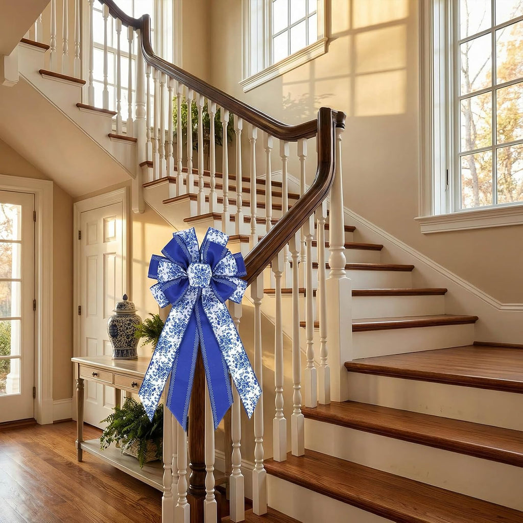 Blue Chinoiserie Wreath Bow, 21 Inch Large Spring Floral Wired Ribbon for Front Door, Grandmillennial Wedding Lantern Decor