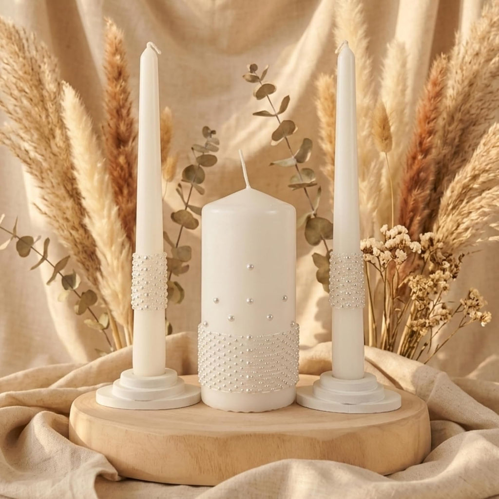 Unity Candle Set - Wedding Ceremony & Reception Candle– 6” Pillar & Two 10” Taper Candles – Long Burning Unity Candles for Marriage Ritual – Handmade in USA – White |Pearls| Luxury