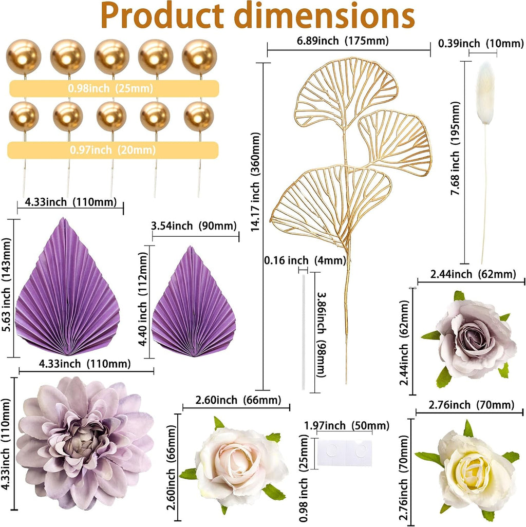Ephlyn 24 Pack Boho Flower Gold Leaves Cake Topper Foam Ball Cake Decorations for Wedding Baby Shower Birthday Party Supplies Purple