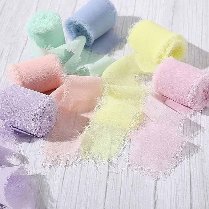 6 Rolls Handmade Fringe Chiffon Silk Ribbon 1.5" x 3 Yd Colorful Ribbon for Wedding Invitations, Bridal Bouquets, Gifts Wrapping, DIY Crafts (Macarons Color Set)