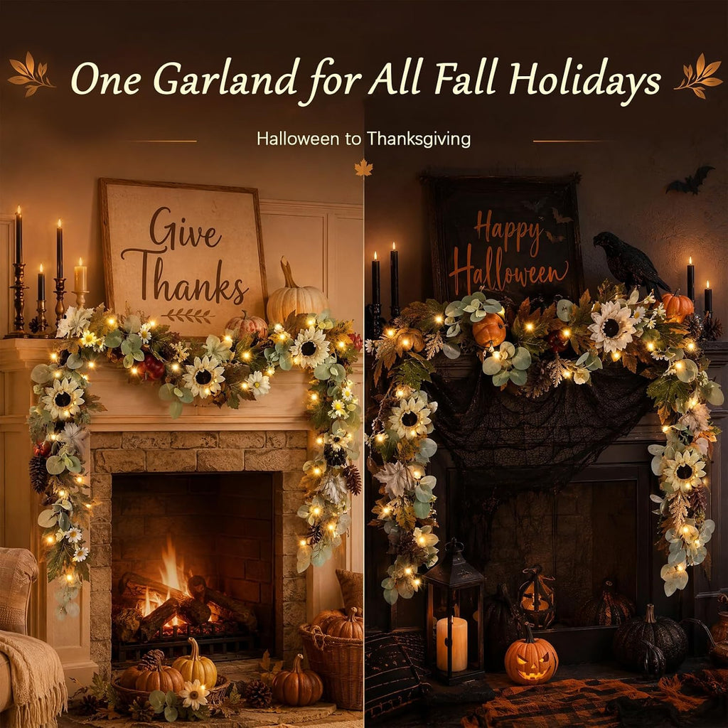 6ft fall garland with lights, sunflower pumpkin daisy, front angle view