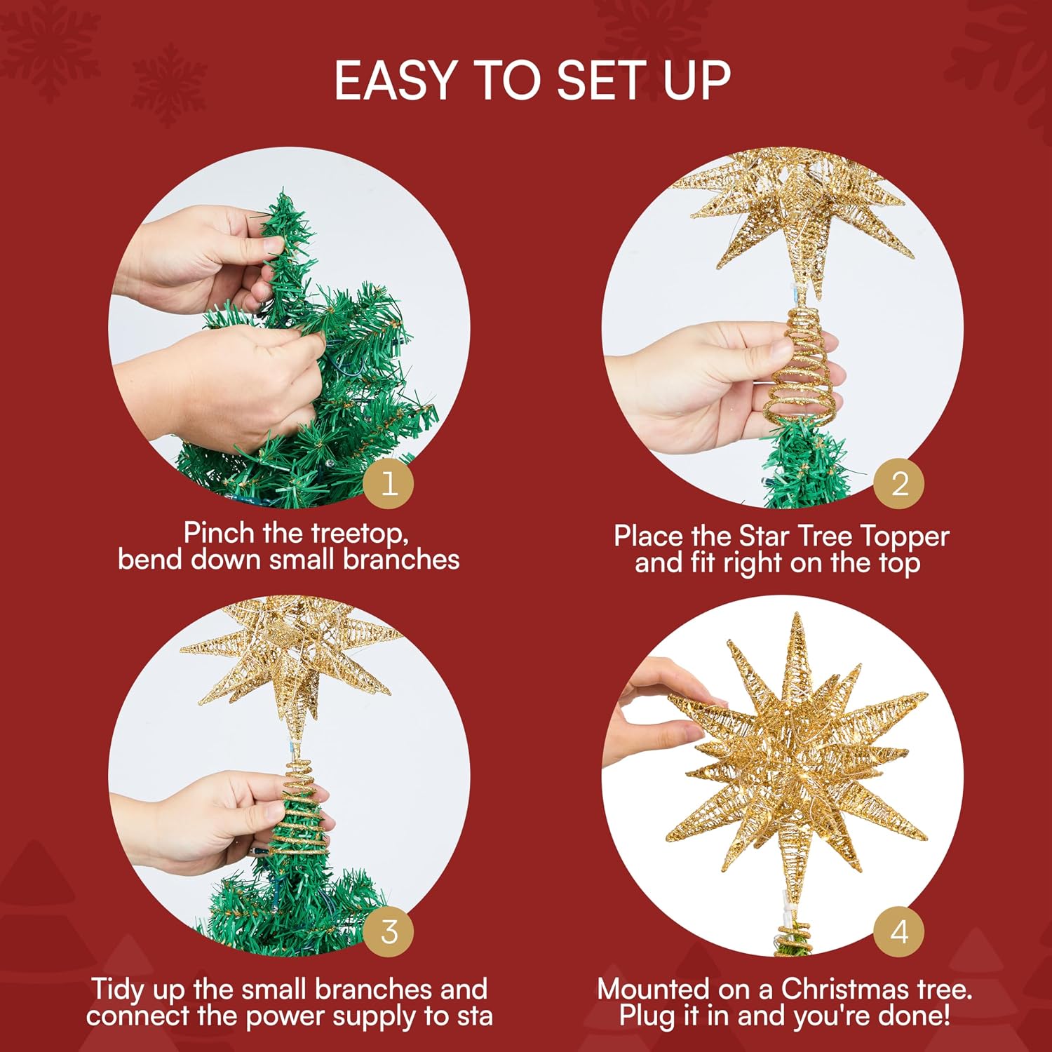 JOIEDOMI 7.8" Metal 3D Star Christmas Tree Topper Golden Glitter Decorations with 56 LED Warm White with Plug Timer Ornaments Treetop Home Holiday Party Indoor Decor