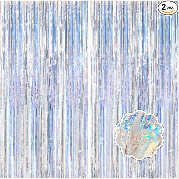 2 Pack Iridescent Party Decorations Foil Fringe Tinsel Backdrop Glitter Curtains Shimmer Wall Backdrop 70s 80s 90s Disco Theme Party Decorations Happy Birthday Easter Graduation Supplies