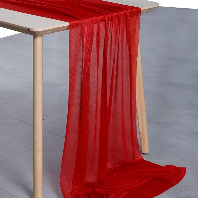 MDS 2 Pack 14ft Chiffon Table Runner 29 x 170 Inches Sheer Wedding Runner Romantic Rustic Table Runner for Wedding Decorations, Birthday Parties, Bridal Shower Party Arch Decor - Red