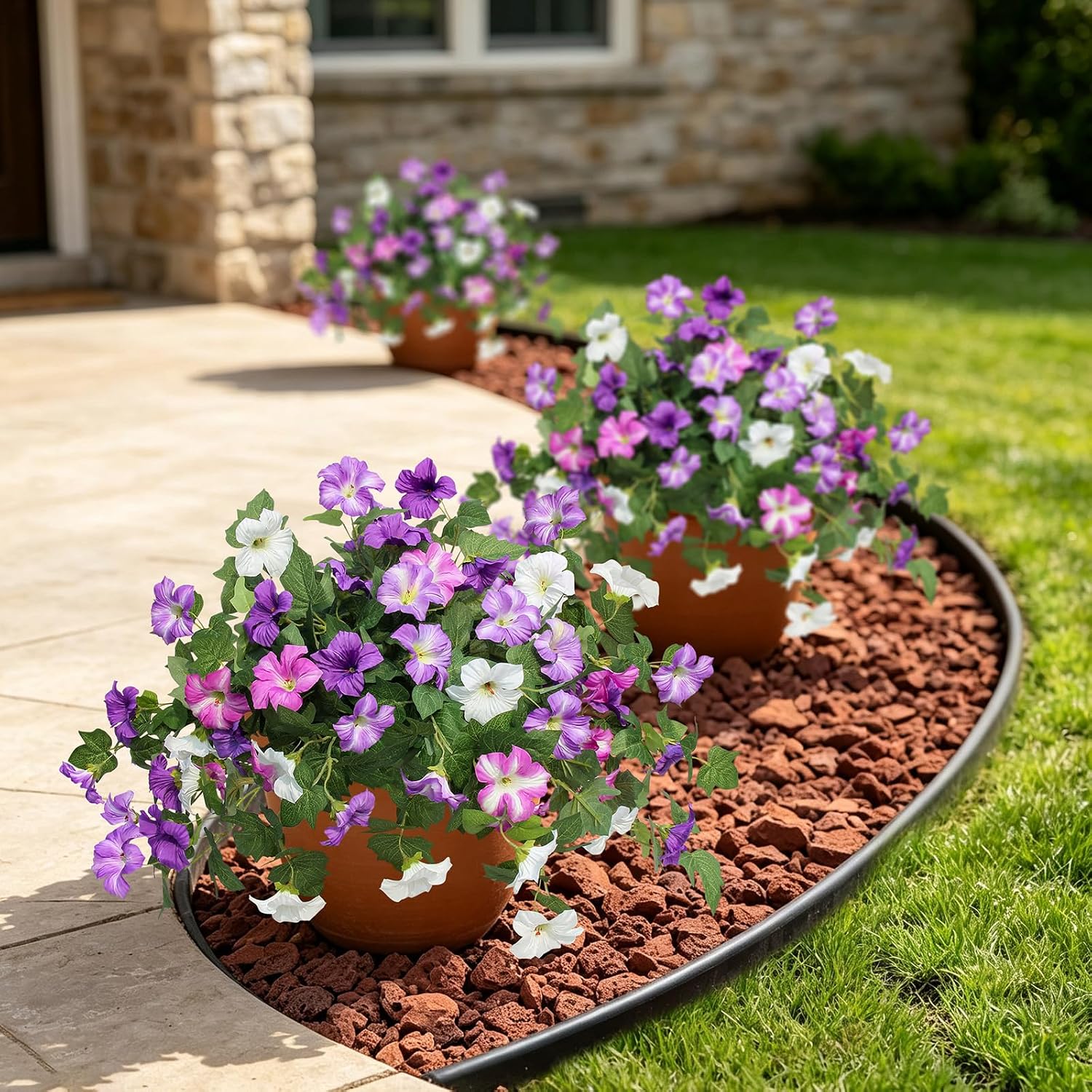 Artificial Fake Flowers Plants for Outdoor UV Resistant, 2PCS Silk Faux Petunias No Fade Summer for Outside Planter Front Door Porch Yard Patio Balcony Realistic Decoration Purple White