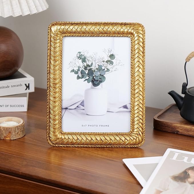 Cuspin 5x7 Gold Picture Frame, Ornate Decorative Rattan Resin Photo Frame, Gold Frames Braided Design for Tabletop Display or Wall Hanging, Elegant Home Decor