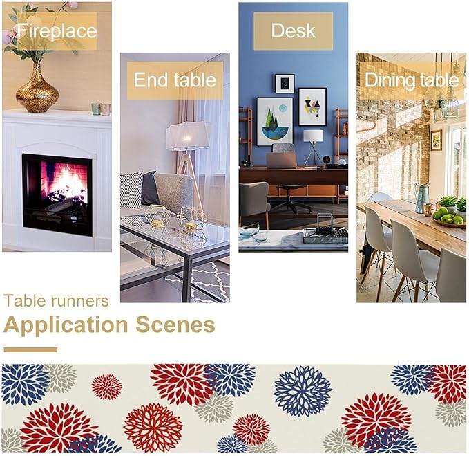 4th of July Table Runner, Blue Red Dahlia Flower American Patriotic Memorial Day Table Runner for Farmhouse Kitchen Dining Table Party Decor, 13x36inch
