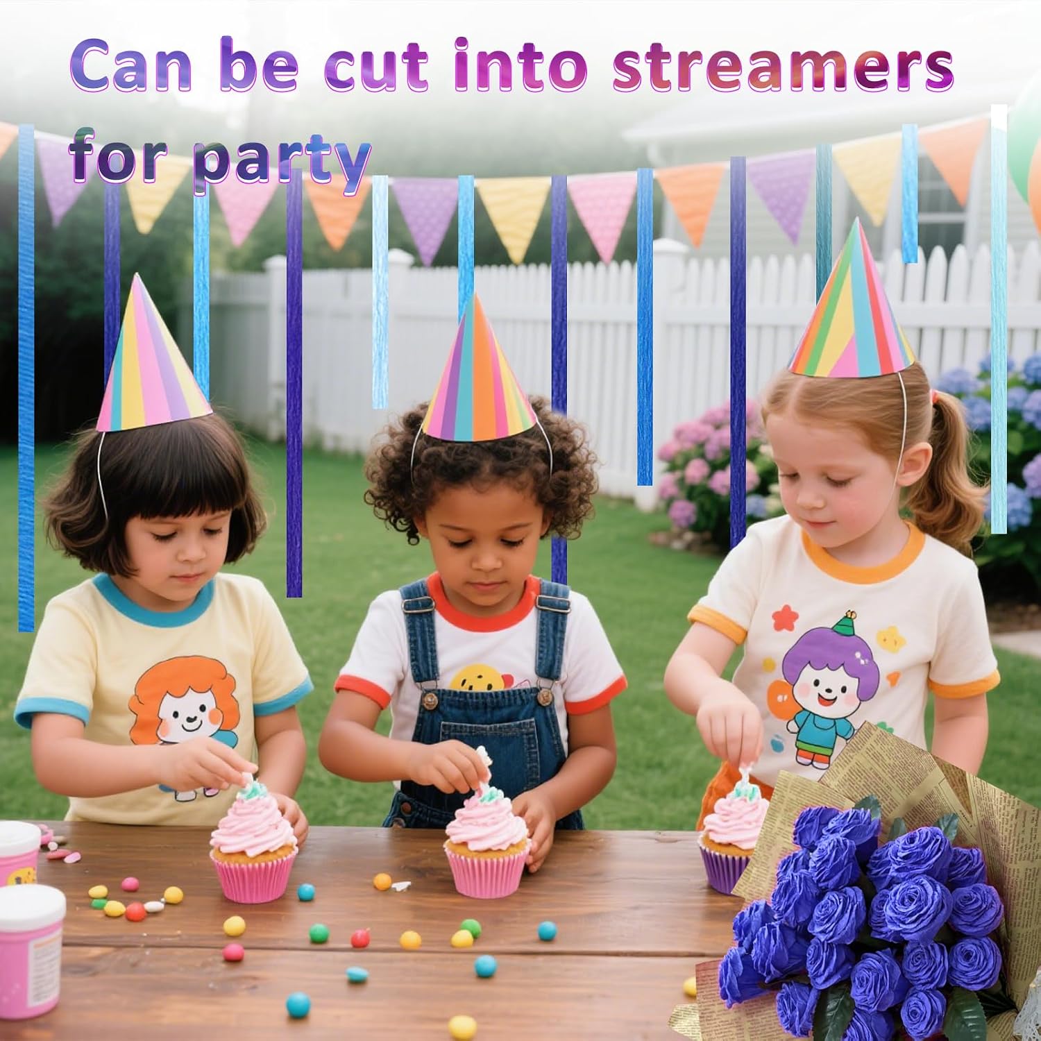 6 Rolls Crepe Paper Streamers, 10 Inch x 8 Feet (Blue) | Flower Making Kits With Floral Tape and Stem Wire for Birthday Party Wedding