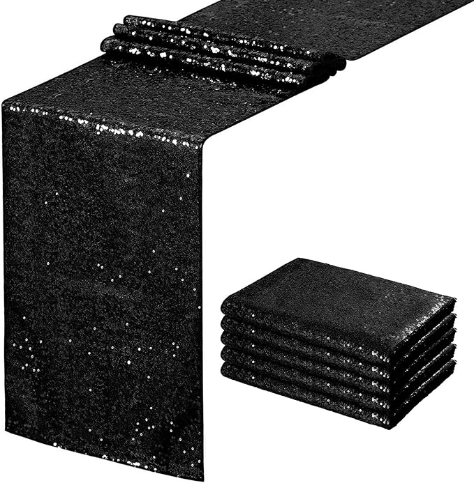 Sequin Table Runners 5 Pieces Black Table Runners 12x72 Inch Glitter Dining Table Cover for Party Wedding Birthday Reception Banquet Decoration Spring Party Chair Sashes