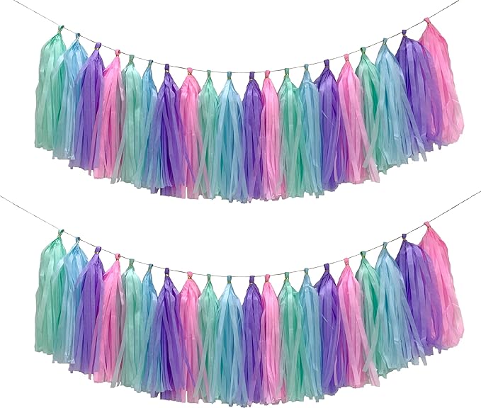 Blue Purple Mint Green Pink Tissue Paper Tassel Garland,Tissue Tassel Banner for Party Decorations,Pack of 20