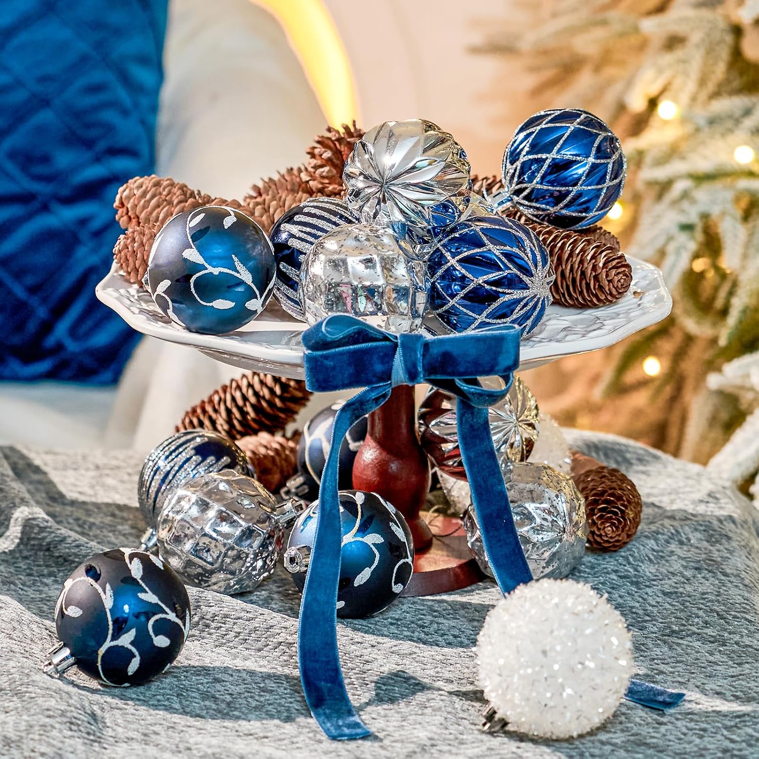 JORNOY Blue and Silver Christmas Ornaments Set, 16ct Shatterproof Christmas Ball Ornaments Bulk for Xmas Decorations - 2.36 inch Plastic Decoative Hanging Ornaments for Xmas Tree Decor (Blue & Silver)