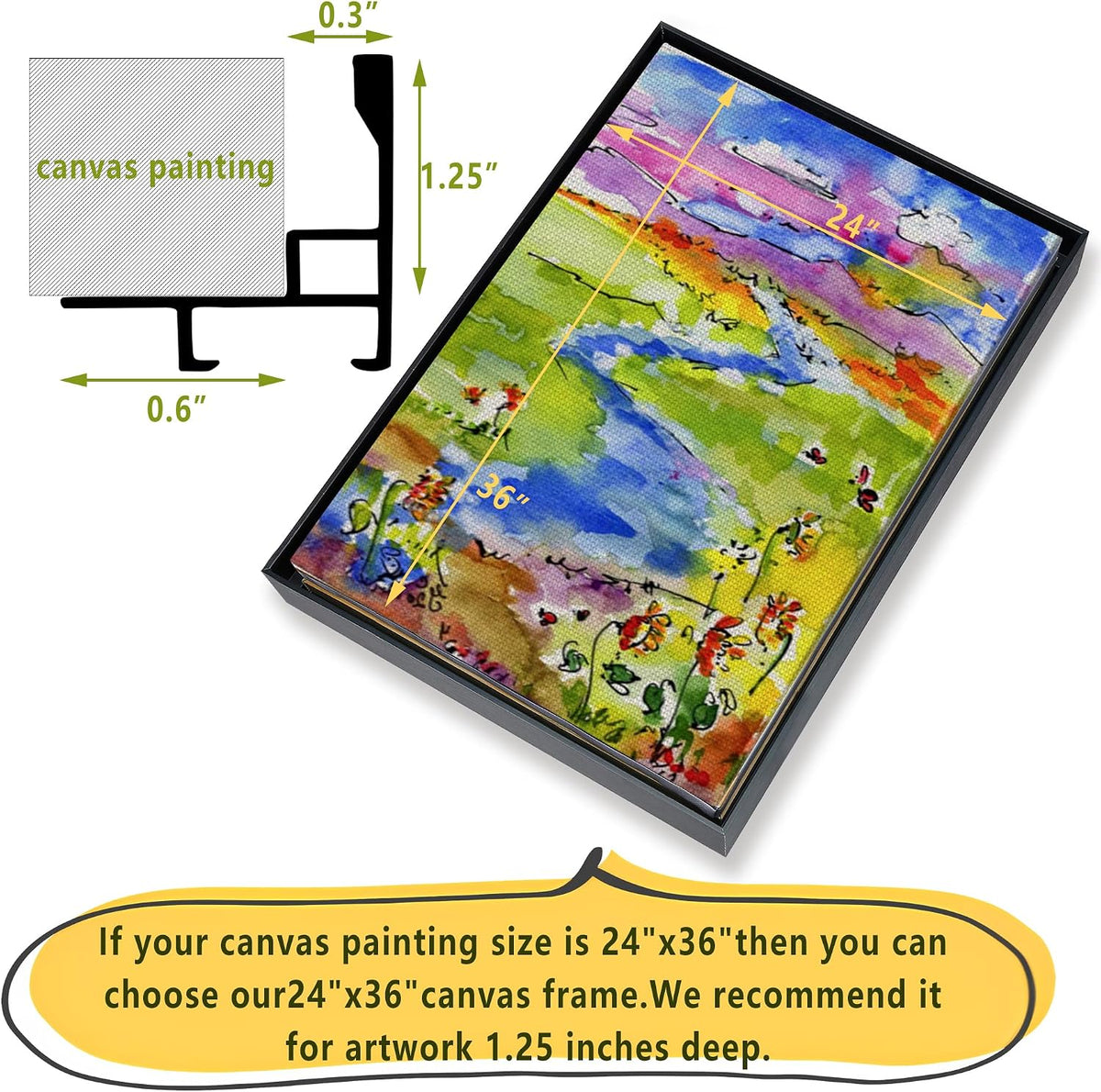 16x20 diy metal canvas frame,1.25" deep floater frame,black, side view