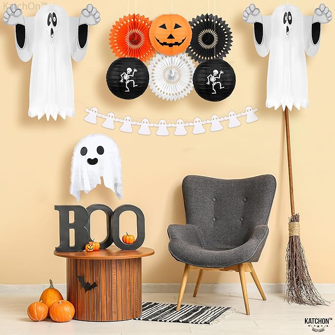 KatchOn, Hanging Ghosts Halloween Decor - Pack of 10 | Xtralarge Indoor Halloween Hanging Decorations, Ghost Garland Decorations, Paper Lanterns, Hanging Paper Fans | Spooky Hanging Decorations