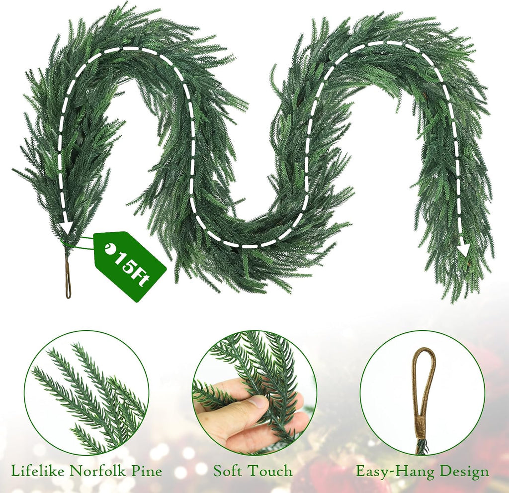 15 ft artificial christmas norfolk pine garland extra, close-up detail