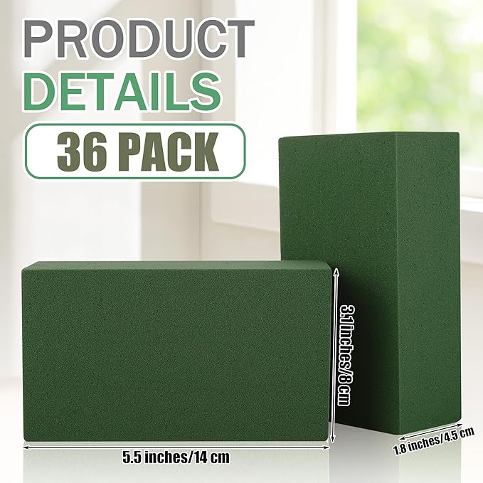 36 Packs Floral Foam Blocks Wet & Dry Floral Foam Bricks 5.5x3.1x1.8 Inch Flower Arranging Kit for Fresh and Artificial Flowers Florist Foam Blocks for Wedding Home Decor