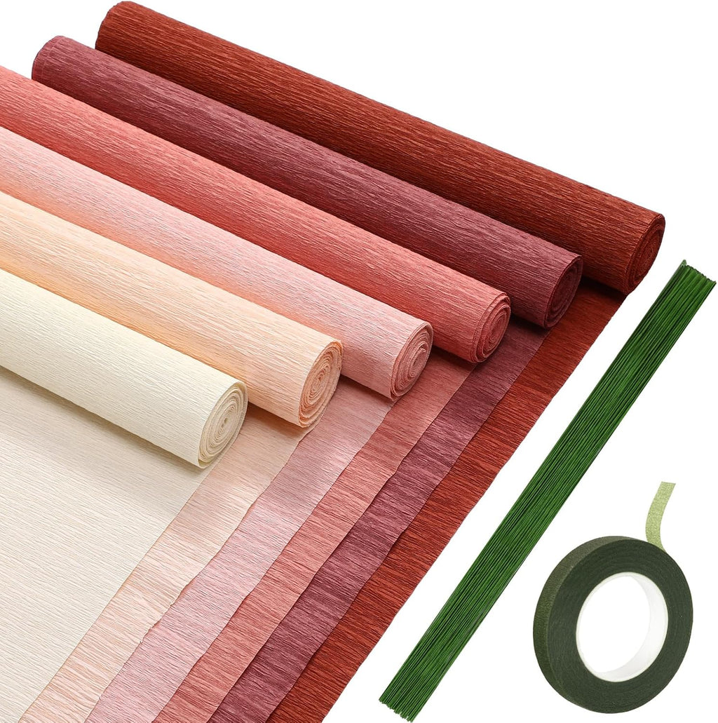 Gersoniel 57 Pcs Crepe Paper Flower DIY Kits 6 Rolls 35g Papel Crepe Sheets 50 Pcs Floral Iron Wire 10 Inch x 8 Feet 1 Roll 50 Meter for Birthday Party Wedding(Pink Series)