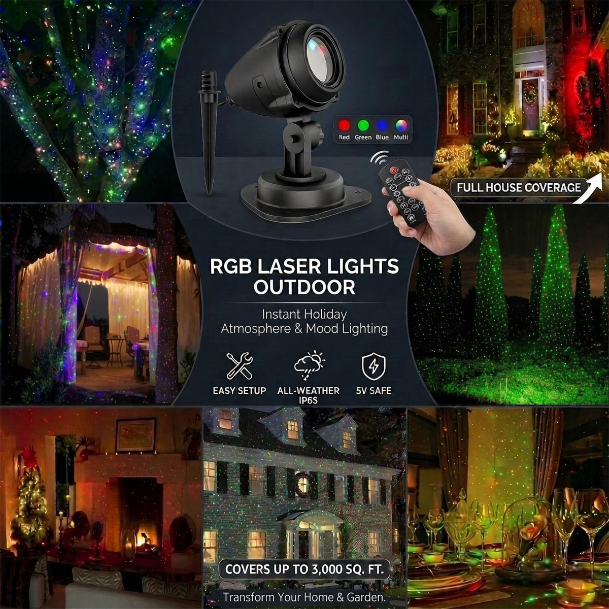 laser christmas projector lights, rgb 3-color moving star showing dimensions