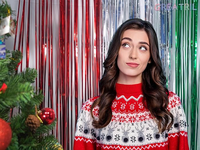 Red Silver Green Party Streamers - GREATRIL Christmas Tinsel Backdrop for Xmas Winter Italian Elf Themed Parties Decorations - 2 Packs
