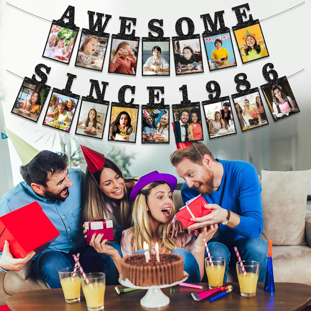 Pre-strung Awesome Since 1986 Photo Banner Birthday Decorations for Women Men - Black Glitter 40th Birthday and Anniversary Decorations Party Supplies