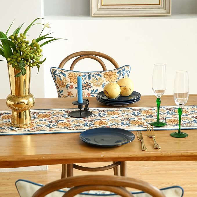 ISAENNE Designer Bohemian Elegant Linen Extra Long Table Runner 118 Inches,Floral Pattern Duable Decor Table Runners for Dining Tables,Thanksgiving,Kitchen Tables,Christmas,12"*118"-Estevan B