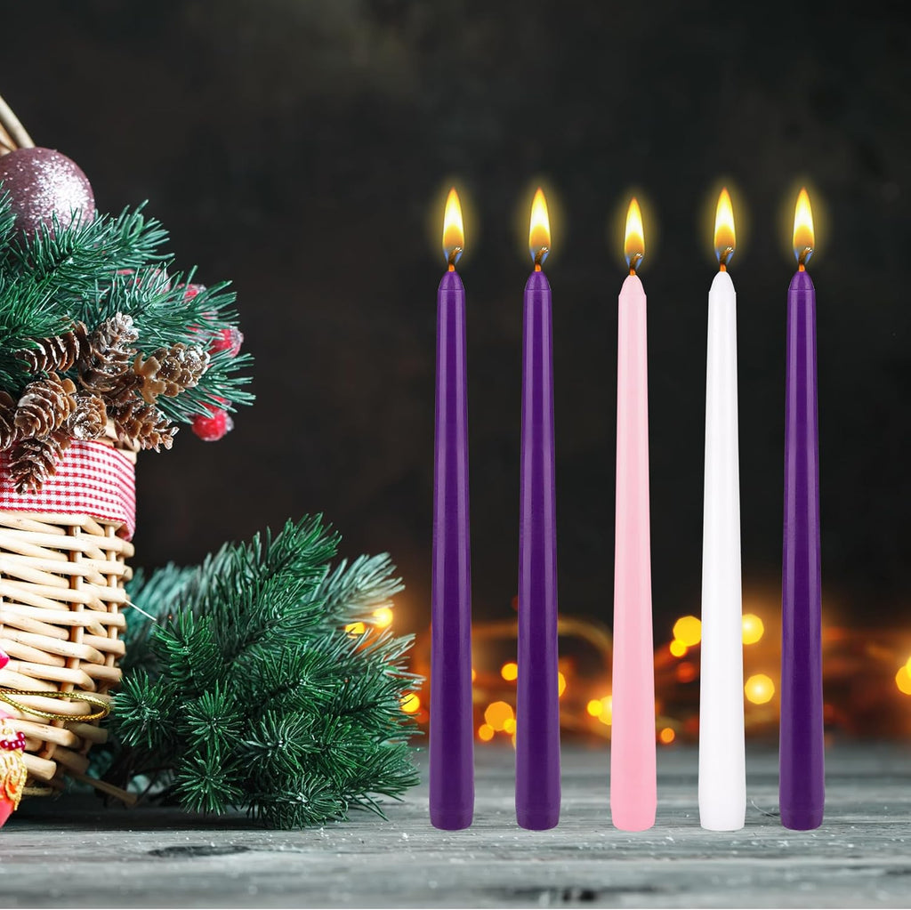 Mega Candles 5 pcs Unscented Christmas Advent Candles Set, Hand Poured Premium Wax Taper Candle 10 Inch x 7/8 Inch, Holidays, Occasions, Events, Festivitiess, Devotional, Church, Wreath, Party, Gifts
