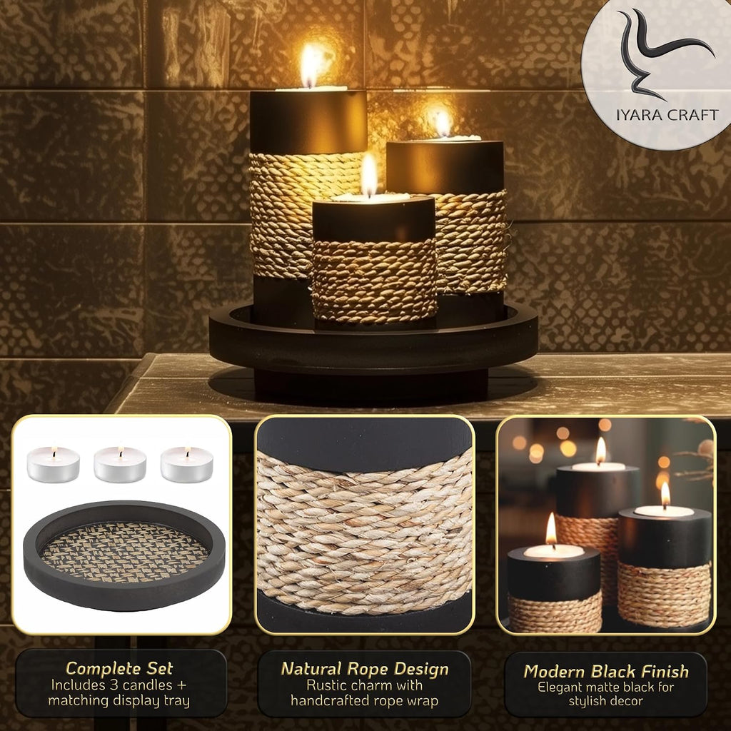 IYARA CRAFT Candleholder Set with Tray, Set of 3 Rustic Black Wooden Tealight Candle Holders with Natural Rope Accent, Coffee Table Centerpiece, Farmhouse Home Decor, Housewarming