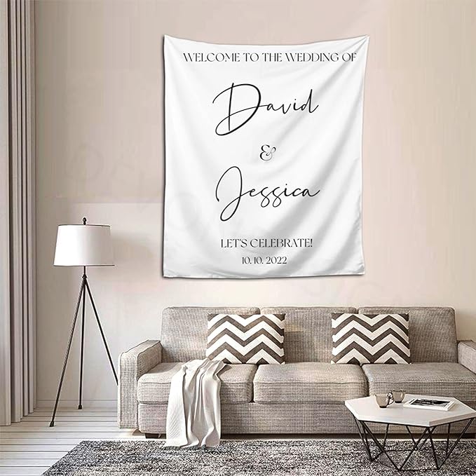 Welcome to Our Wedding Backdrop, Custom Tapestry with Names and Date, Rustic Sign, Personalized Calligraphy Banner for Ceremony, Arch, Reception Let's Celebrate Decor