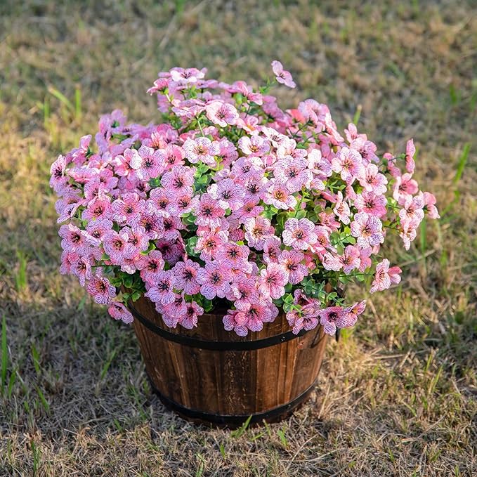 HyeFlora Artificial Flowers for Outdoor Indoor Garden Home Decoration, Faux Flower Daisy with Eucalyptus Leaves Fake Plants Greenery Boxwood Porch Patio, 12 Bundles (Pink)