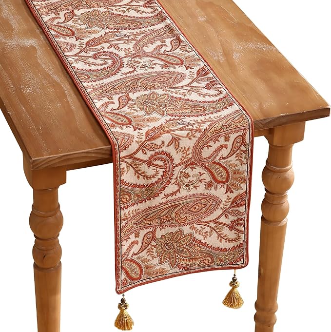 ISAENNE Designer Elegant Red Linen Table Runner 87 Inches Long,Vintage Paisley Pattern Durable Table Runners for Dining Tables,Thanksgiving,Kitchen Tables,Christmas,12"*87"-Chauffrey A