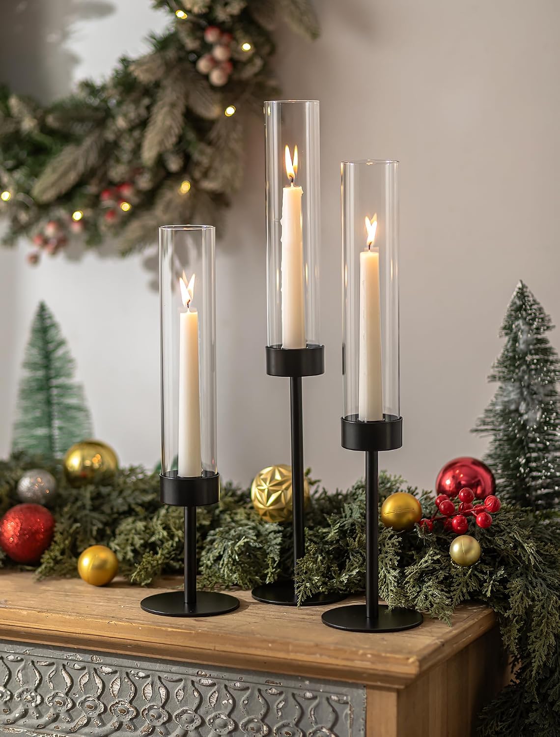 Romadedi Black Metal Hurricane Taper Candle Holders, Set of 3
