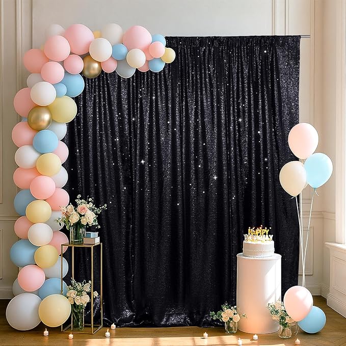 SquarePie Sequin Backdrop Less Transparent Background Sparkly Curtain for Wedding Halloween Party 5FT x 7FT Black