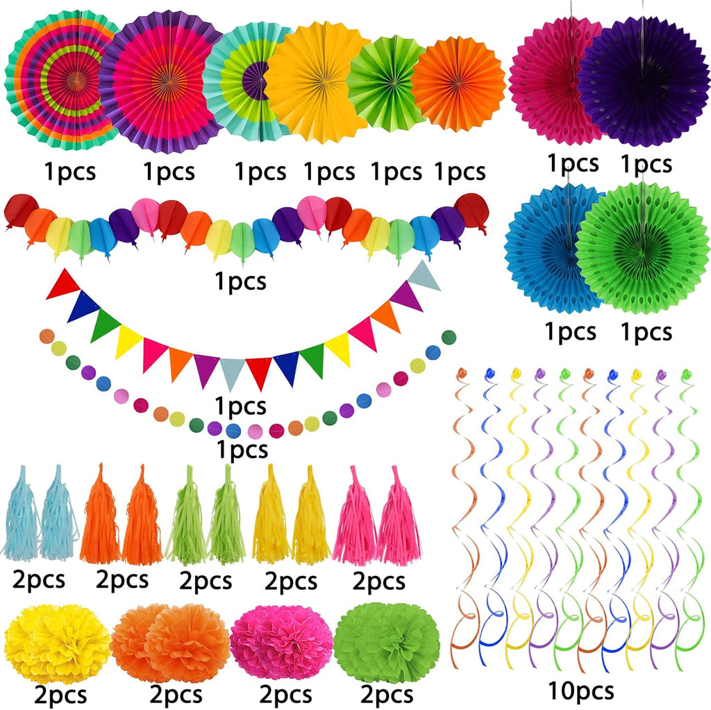 ZERODECO Party Decorations, 41 Pcs Multicoloured Papar Fans Pompoms Garlands String Tissue Paper Tassel for Fiesta Mexican Theme Cinco De Mayo Coco Carnivals Festivals Birthday Party