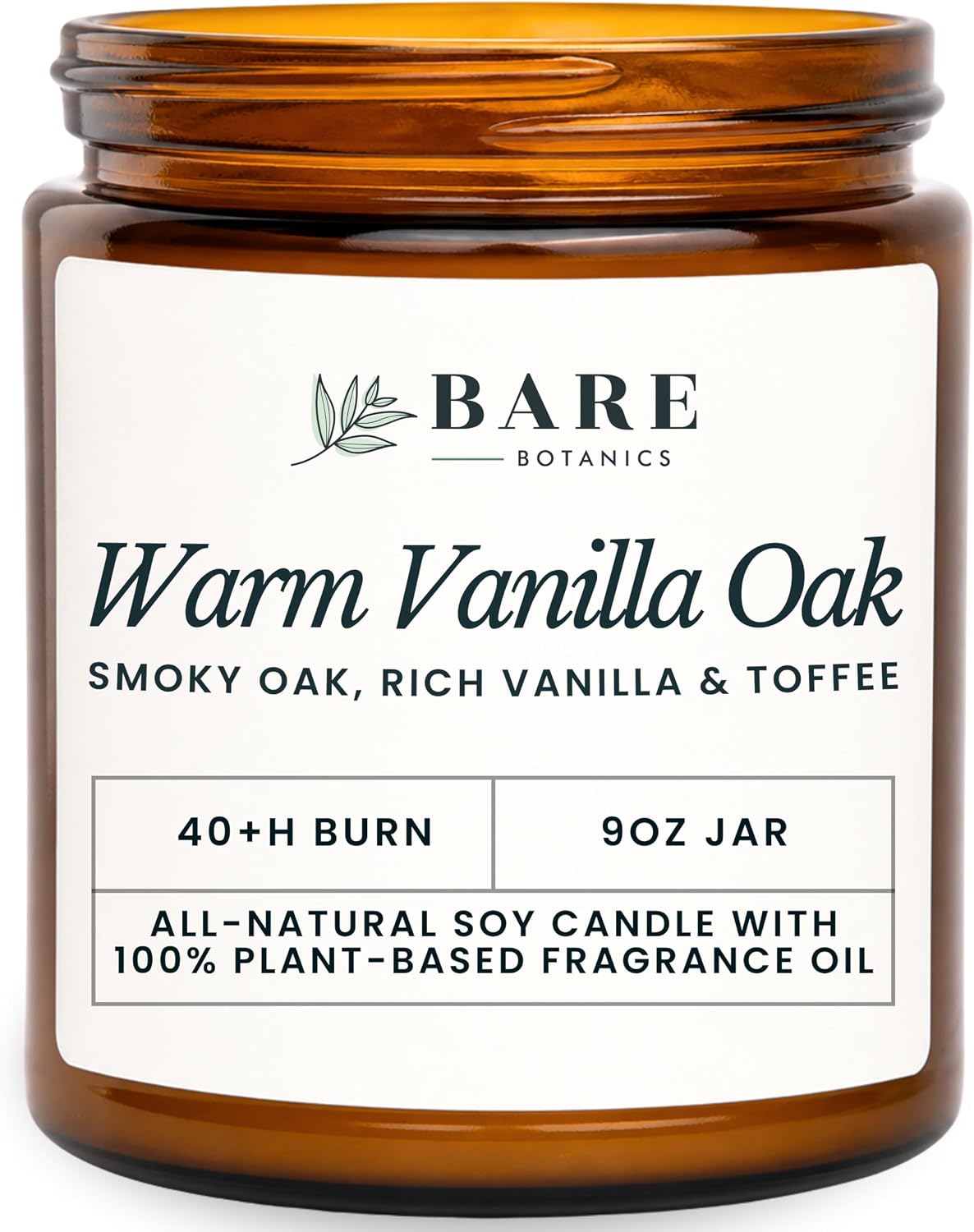 Bare Botanics 9oz Non Toxic Soy Candle Warm Vanilla Oak - 40+ Hour Burn | 100% Plant-Based Fragrance Oils | Handpoured in Wisconsin | Clean-Burning Soy Wax