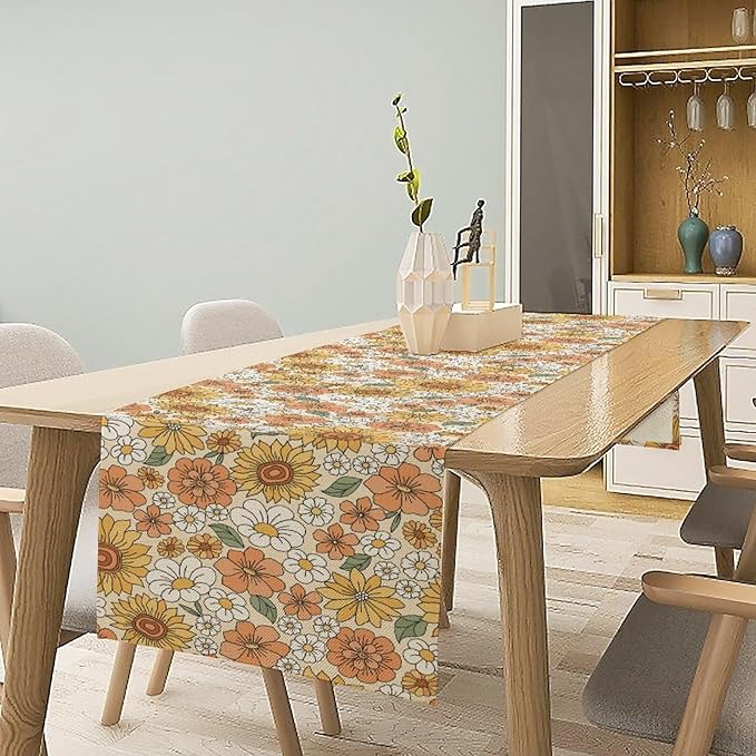 Vintage Floral Table Runner,Boho 70s Style Retro Daisies Flower Table Runner for Kitchen Dining Table Home Party Decoration 13x36 Inch