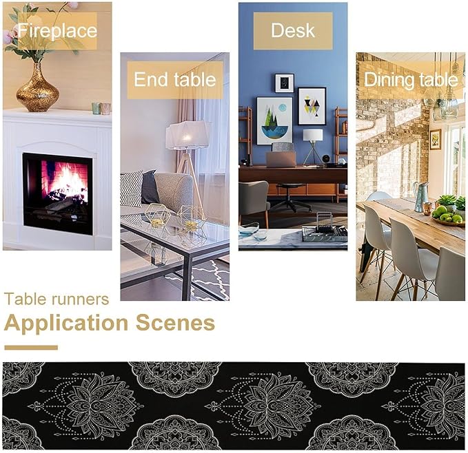 Lotus Flower Table Runner, Bohemian Ethnic Oriental Mandala Black White Floral Print Table Runner for Home Kitchen Dining Indoor Outdoor Dinner Party Decor, 13x120inch