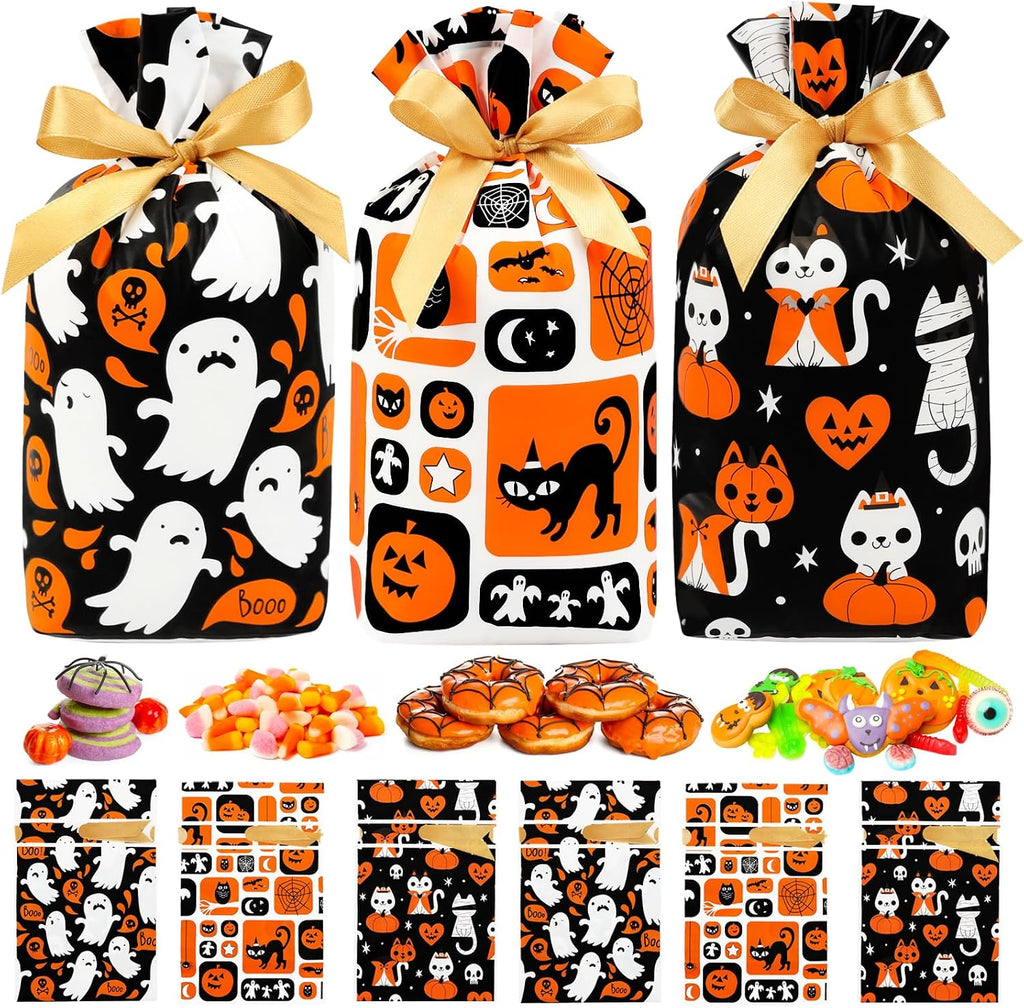 Shintop Halloween Treat Bags, 50PCS Small Candy Bags Drawstring Reusable Plastic Goodie Gift Pouches Party Favors Supplies for Trick or Treat Sweets Cookies (Ghosts, Black Cats, Pumpkins)