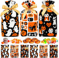 Shintop Halloween Treat Bags, 50PCS Small Candy Bags Drawstring Reusable Plastic Goodie Gift Pouches Party Favors Supplies for Trick or Treat Sweets Cookies (Ghosts, Black Cats, Pumpkins)