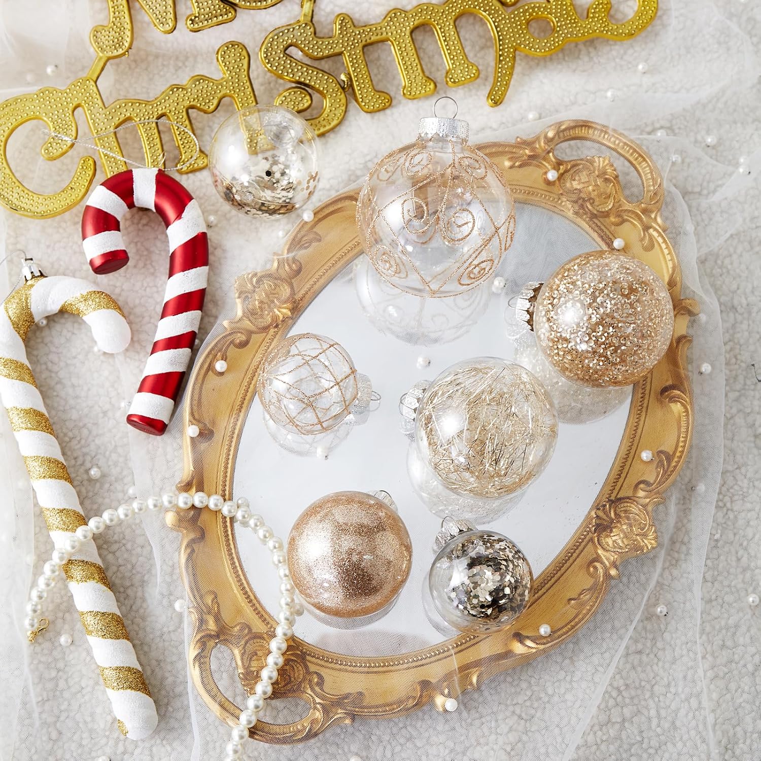 Wironlst Christmas Ball Ornaments Shatterproof Clear Large Plastic Hanging Ball Decorative Baubles Set with Stuffed Delicate Decorations (Multi-Size, Champagne)