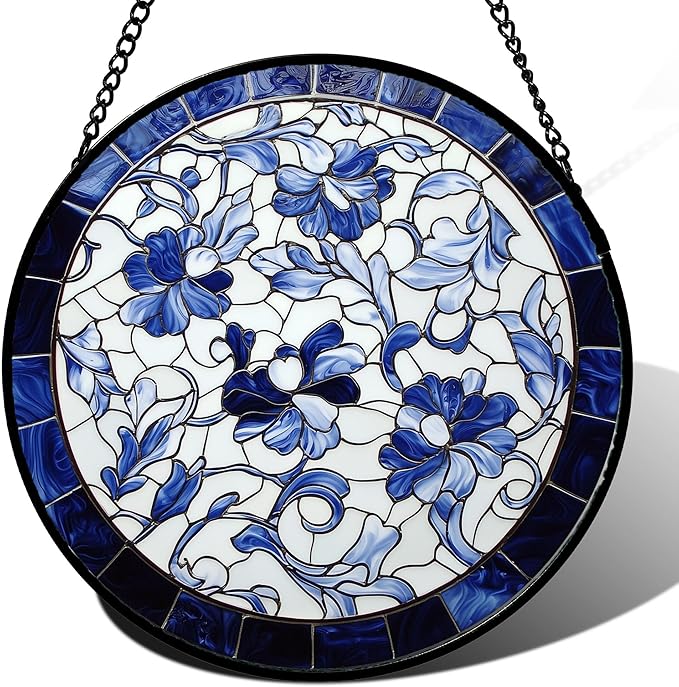 Stained Glass Window Hanging, Blue and White Abstract Flowers Sun Catcher for Door Home Decor Suncatcher Christmas Mother's Day Birthday Gifts for Women Men Mom and Nana 6.3 in
