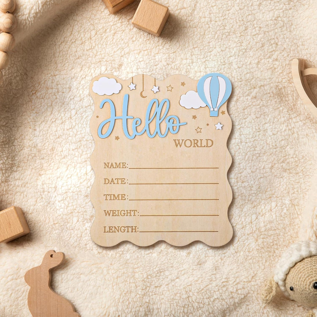Baby Announcement Sign, Wooden Newborn Birth Plaque, Blue | Natural Wood, Smooth Finish, Write Baby Name and Birth Details, Photo Grop, Nursery Decor, Baby Shower Gift